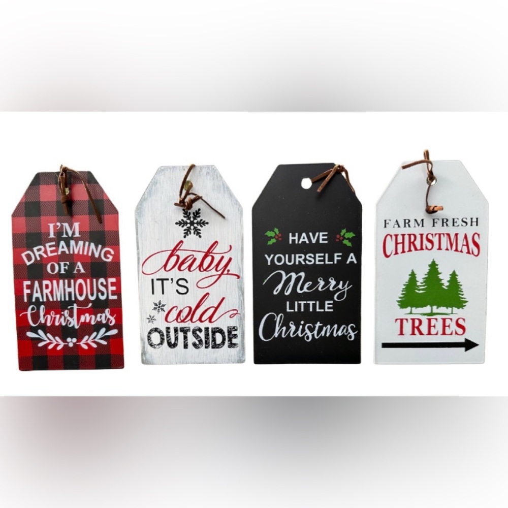 Holiday Christmas Galvanized Metal Tag Ornaments Set of 4 - Red, Black, White
